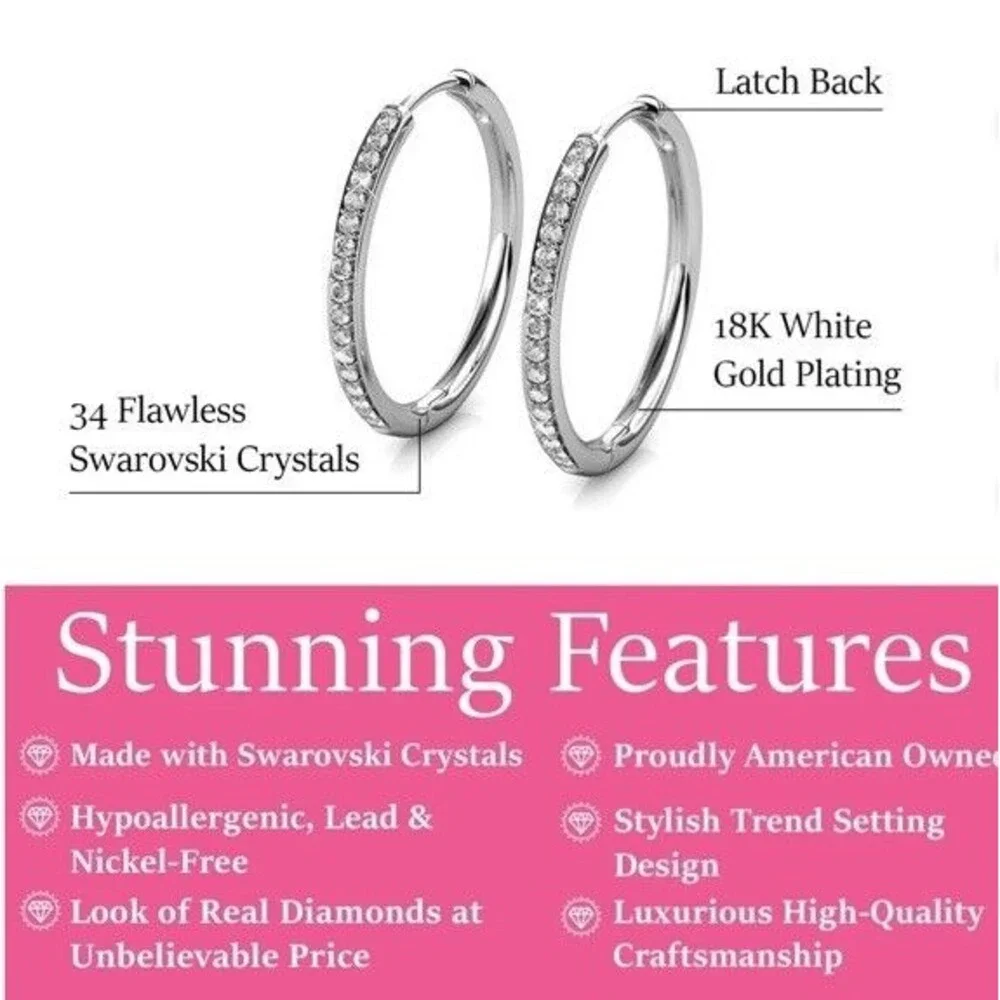NEW Cate & Chloe Bianca Earrings White Gold Plated Hoops Swarovski Crystals